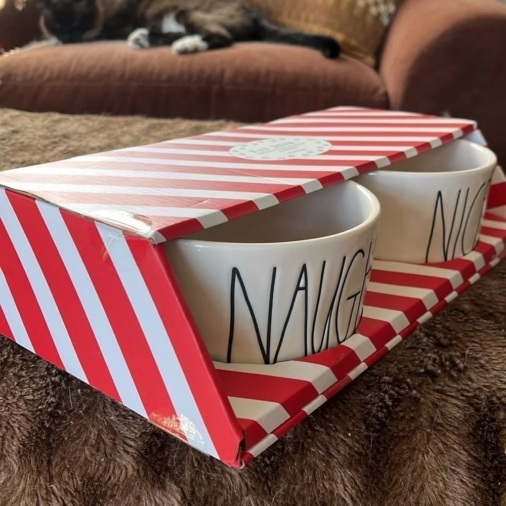 Brand New Rae Dunn 6” Dog Cat Pet Food Bowls Ceramic Naughty Nice Christmas